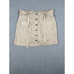 Jones New York Womens Linen Skirt Skort Faux Buttons Beige Belted Elastic Waist